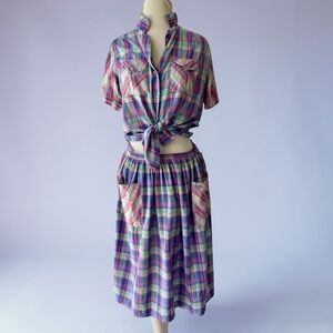 Vtg 80s Madras Plaid Skirt Set Yours Only Sz M/L Cotton 2pc Midi Blouse Preppy